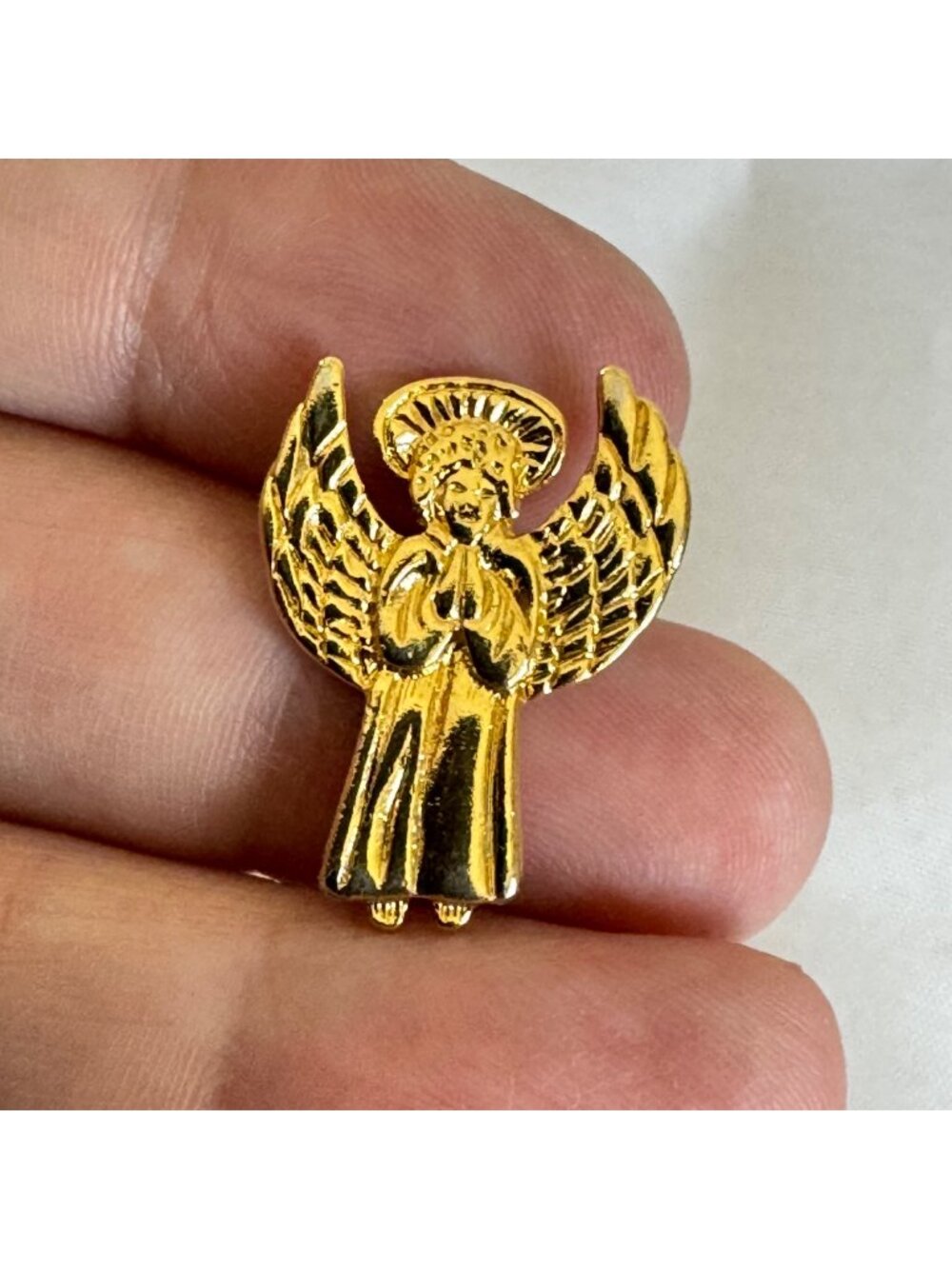 Vintage Gold Tone Yellow Metal Guardian Angel Lapel Pin Size 1'' Length